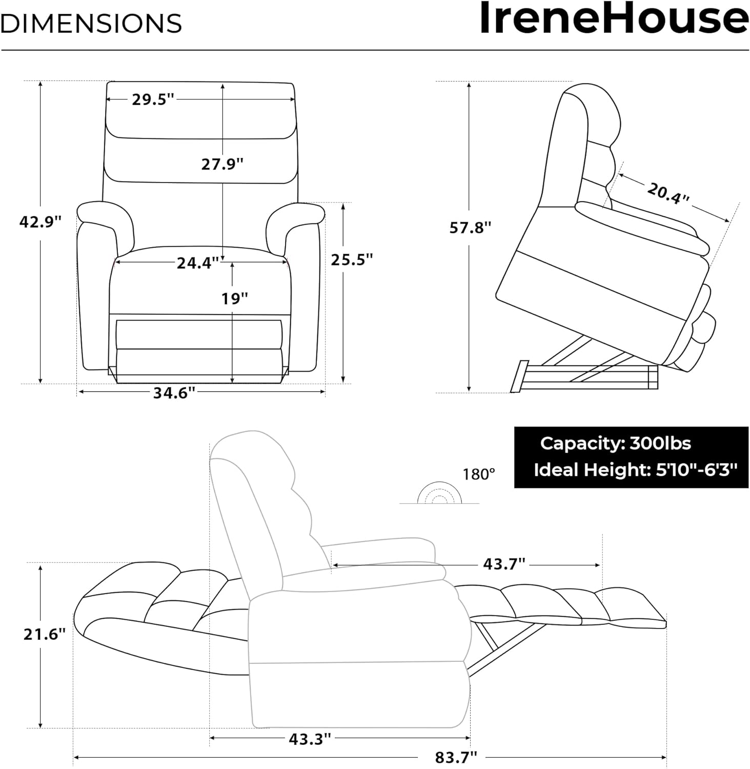 Irene House 9188 Medium Dual Motor Lay Flat Recliner Lift Chair Recliners Infinite Position with Heat Massage for Elderly Up to 300 LBS Electric Power Lift Recliner Chair Sofa