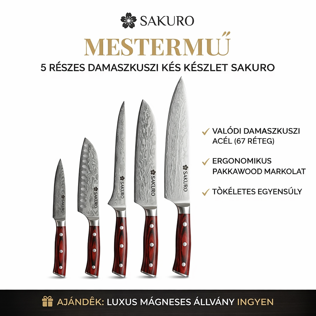 🔪 Luxus 5 darabos SAKURO késkészlet valódi damaszkuszi acélból + 🎁 Ingyenes állvány