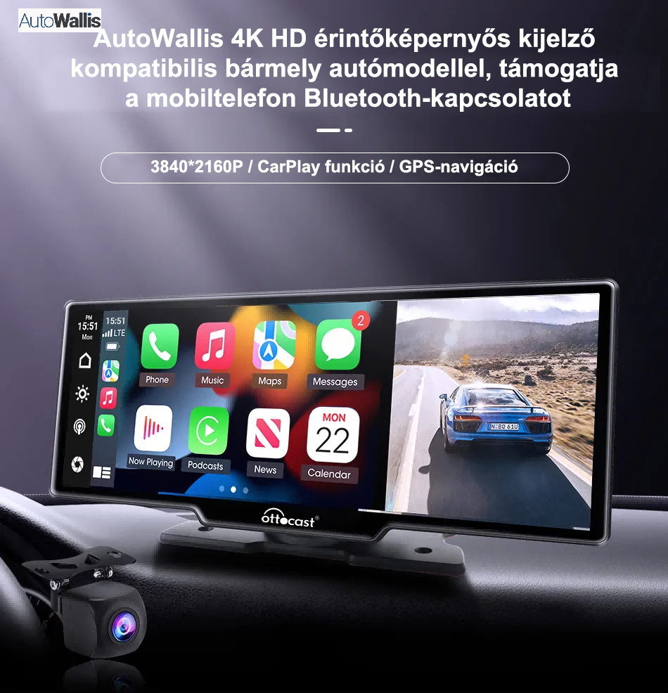 AutoWallis 4K HD érintőképernyős kijelző, kompatibilis bármely autómodellel, támogatja a mobiltelefon Bluetooth-kapcsolatot