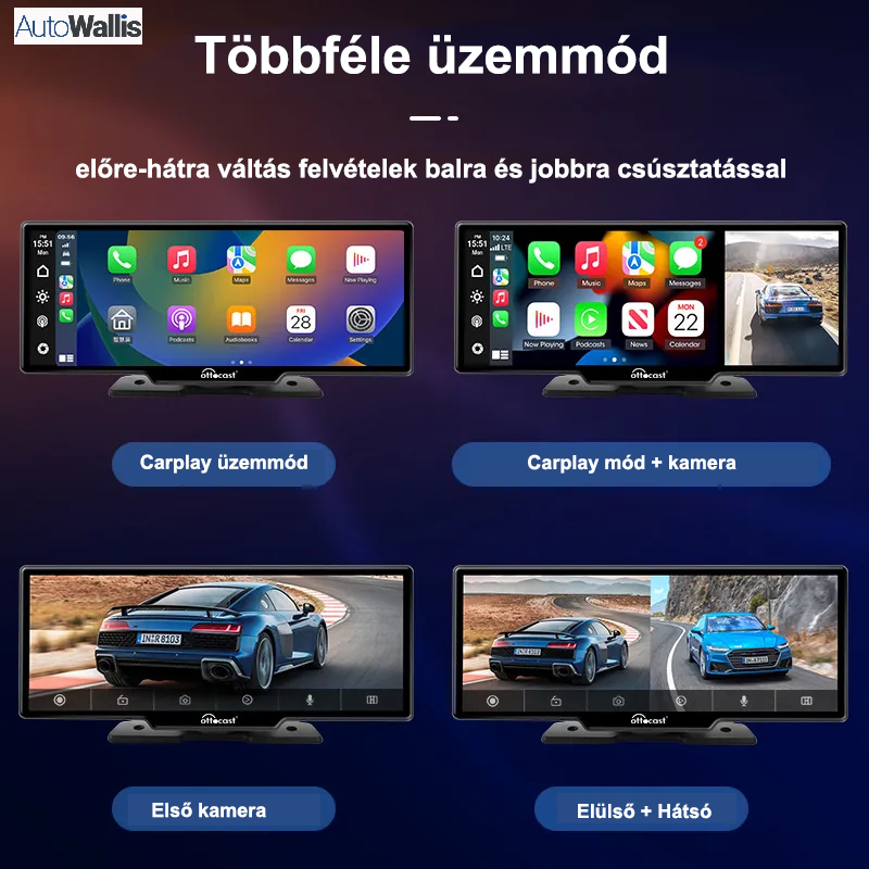 AutoWallis 4K HD érintőképernyős kijelző, kompatibilis bármely autómodellel, támogatja a mobiltelefon Bluetooth-kapcsolatot