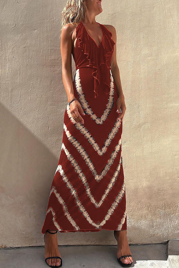 Kyra Ruffle Halter Neck Lace-up Waist Tie-dye Print Maxi Dress