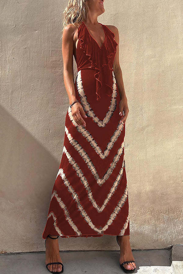 Kyra Ruffle Halter Neck Lace-up Waist Tie-dye Print Maxi Dress