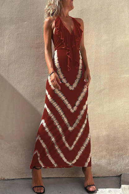Kyra Ruffle Halter Neck Lace-up Waist Tie-dye Print Maxi Dress
