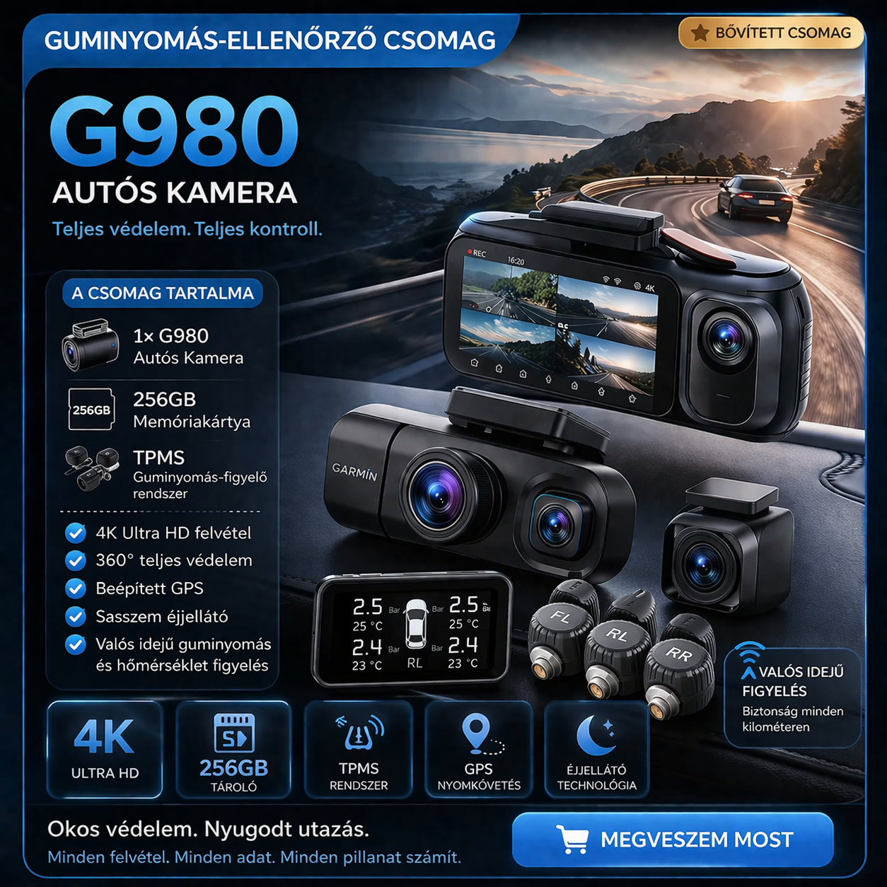 G980 Autós Kamera – 4 Kamerás 360° Védelem, 4K Ultra HD Rögzítés