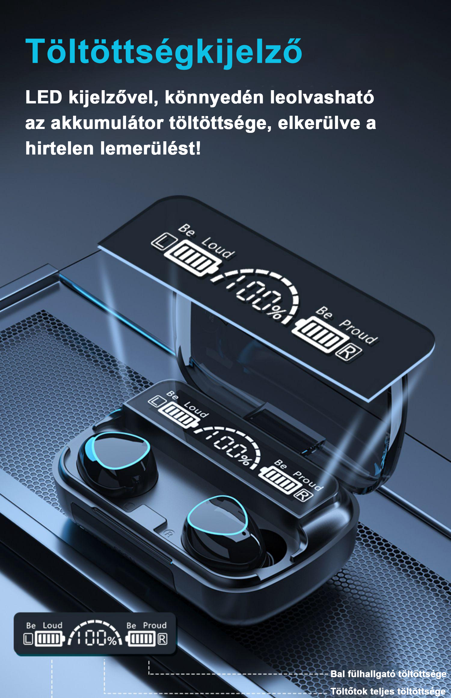TWS Bluetooth 5.1 fülhallgató 3500mAh vízálló töltő doboz