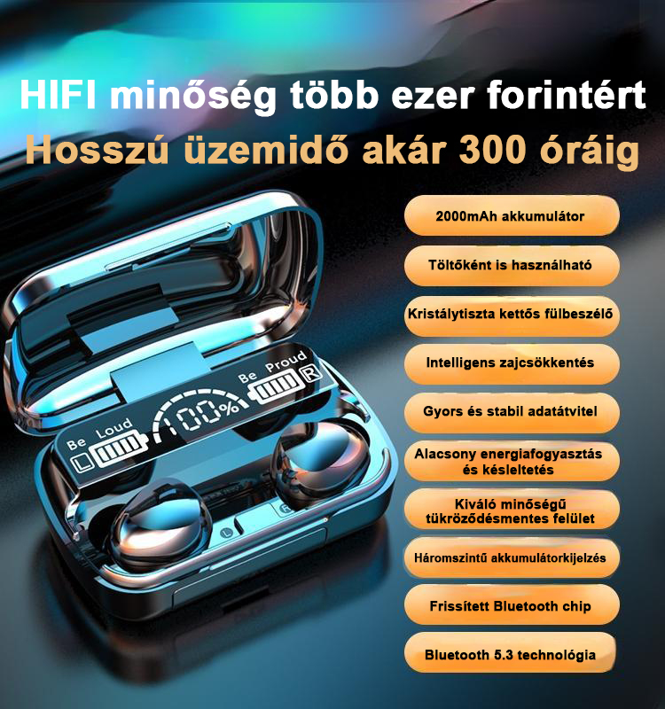 TWS Bluetooth 5.1 fülhallgató 3500mAh vízálló töltő doboz