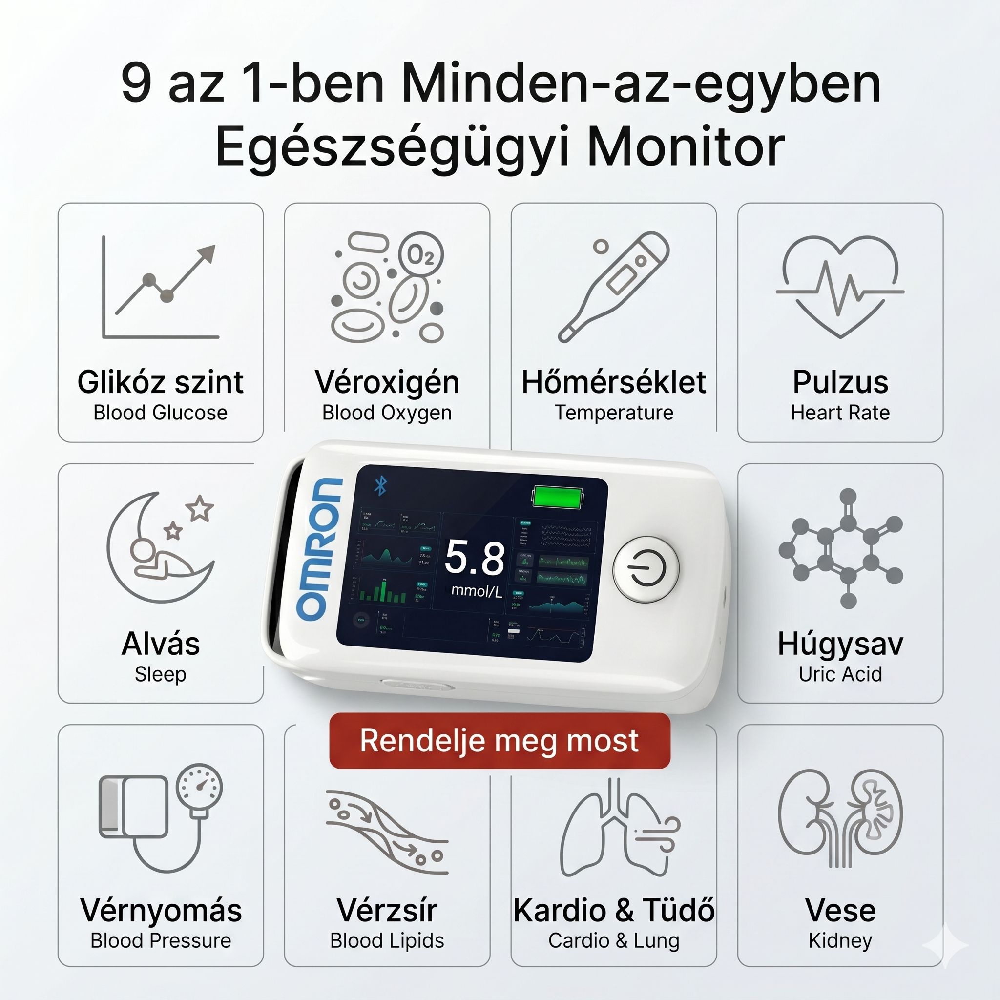 【11 az 1-ben】Nem invazív vércukorszintmérő