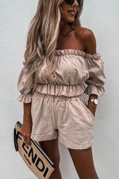 Unique Summer Off Shoulder Linen Shorts Suit