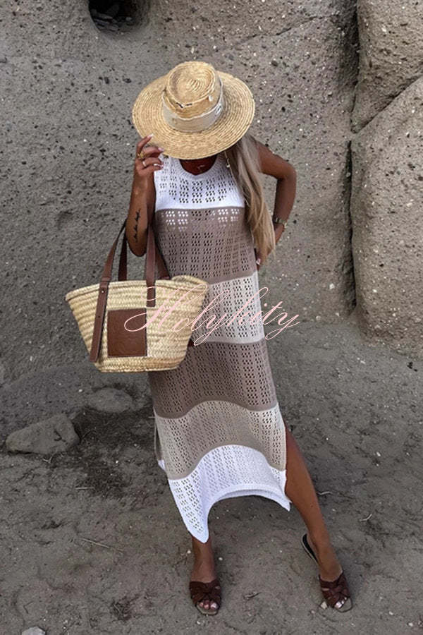 Alive and Free Knit Colorblock Hollow Out Slit Beach Midi Dress