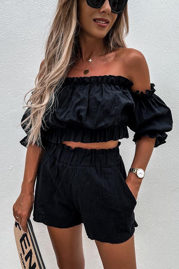 Unique Summer Off Shoulder Linen Shorts Suit
