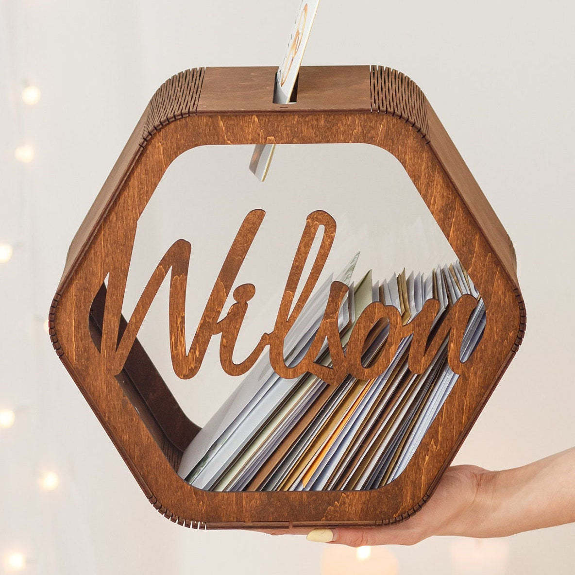 Személyre szabott esküvői hatszögletű kártya doboz