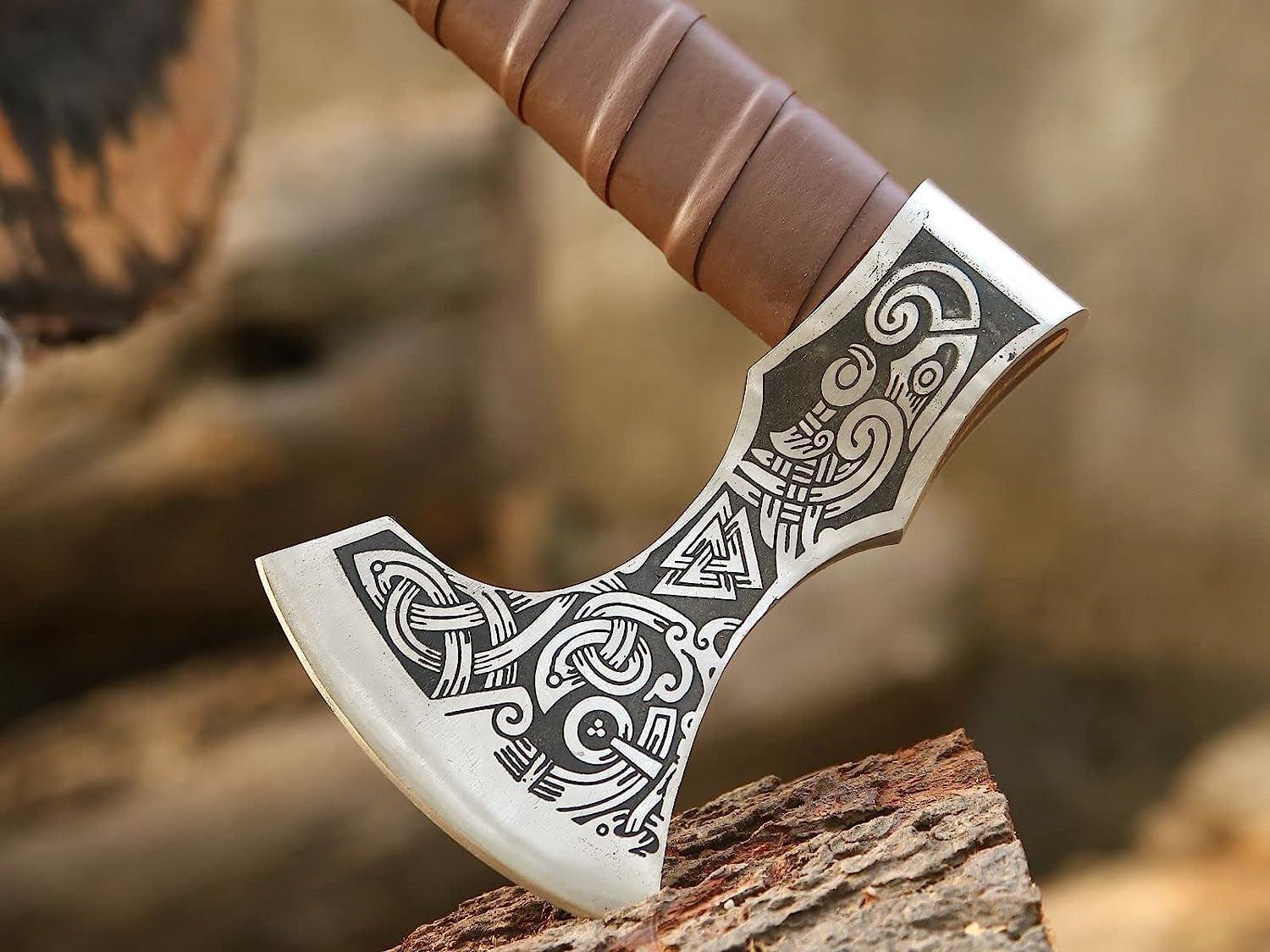 [Copy]Purple Dragon kempingbalta 14,7 hüvelykes kézzel kovácsolt hasítóbalta - kültéri fahasító, aprító és faragó szerszám bőr tokkal, bushcraft túlélő fa férfiaknak és nőknek
