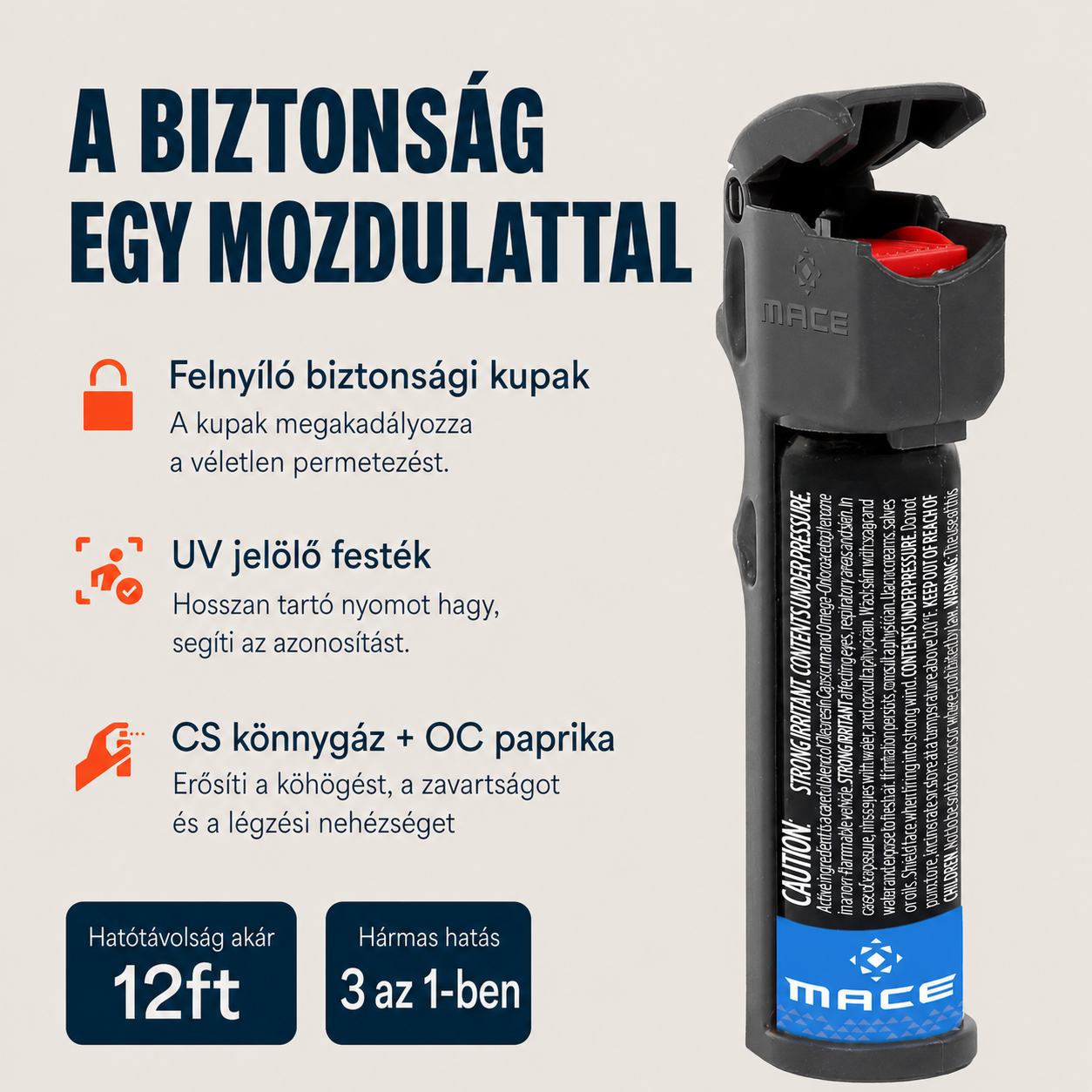 Mace 3 az 1-ben felpattintható tetejű paprikaspray