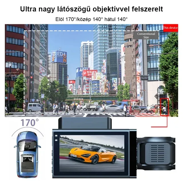 Hármas rögzítésű, nagyfelbontású WiFi-s autós kamera