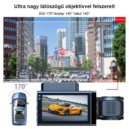 Hármas rögzítésű, nagyfelbontású WiFi-s autós kamera