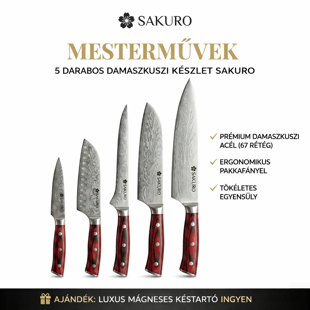 🔪 Luxus 5 darabos SAKURO késkészlet valódi damaszkuszi acélból + 🎁 INGYENES állvány