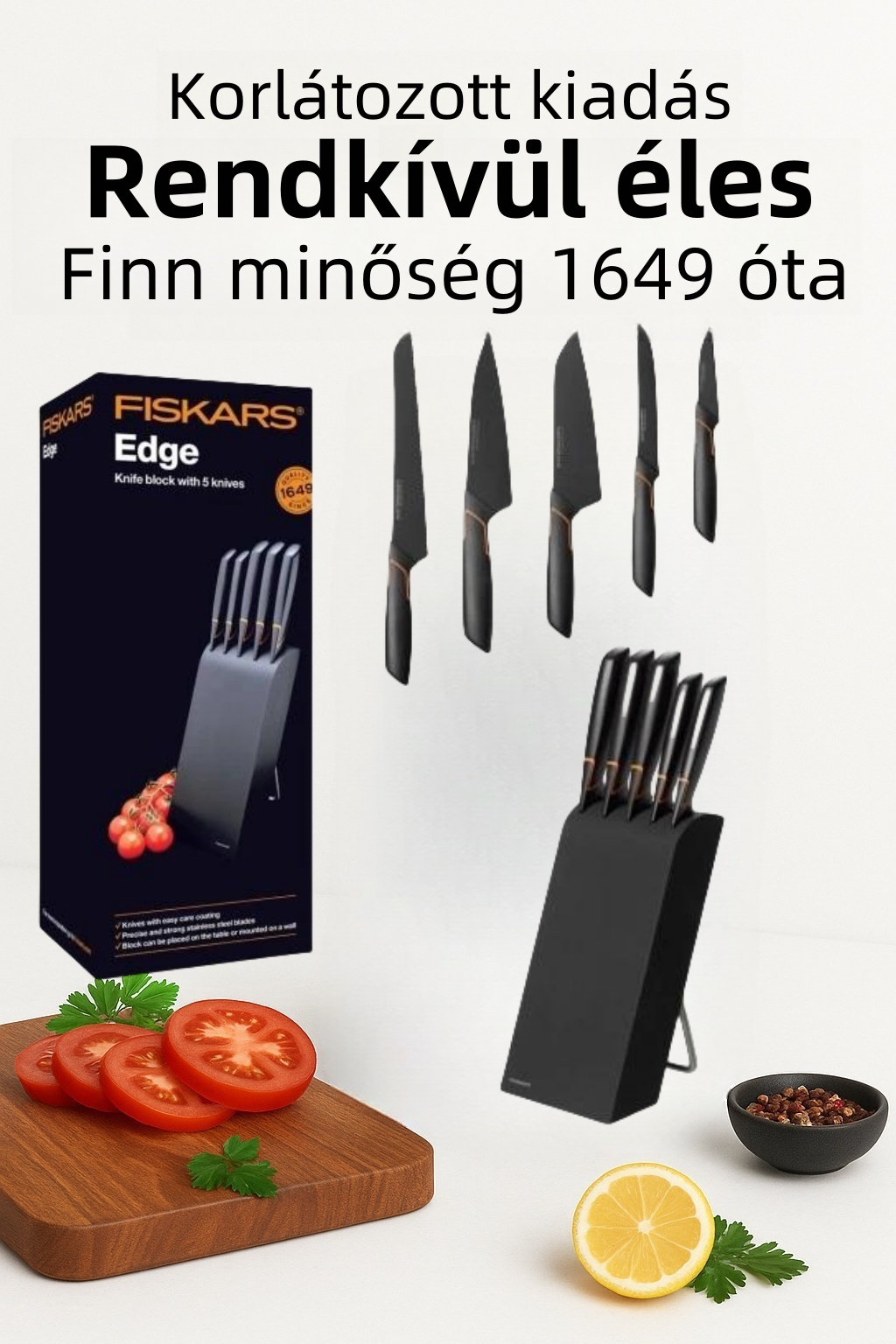 Limitált kiadás: FISKARS® 5 DB-OS KÉSKÉSZLET FISKARS EDGE BLOKKBAN, ÉLES KONYHAKÉS + ÉLEZŐ SZETT