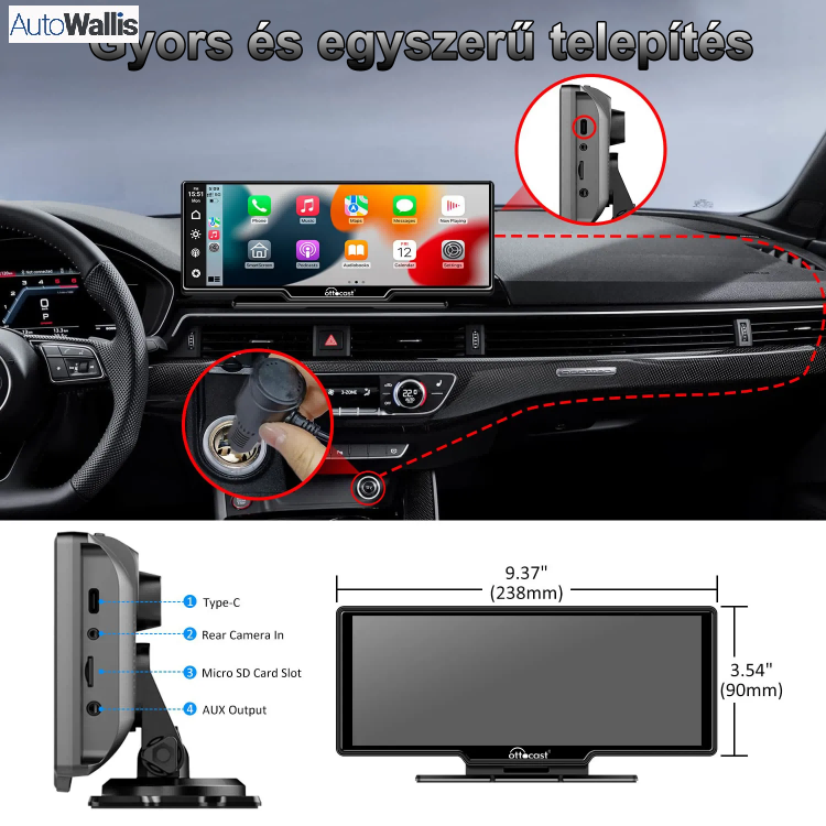 AutoWallis 4K HD érintőképernyős kijelző, kompatibilis bármely autómodellel, támogatja a mobiltelefon Bluetooth-kapcsolatot