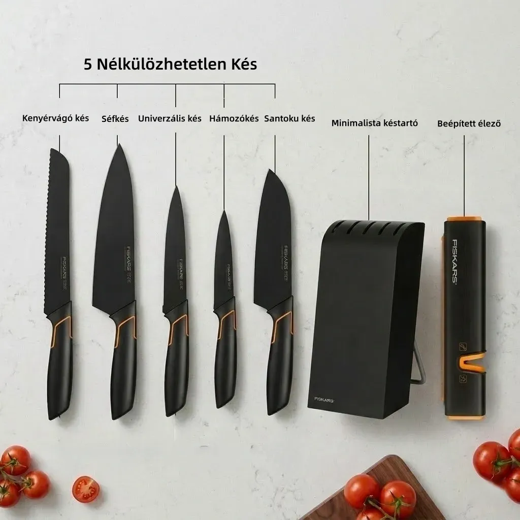 Limitált kiadás: FISKARS® 5 darabos késkészlet blokkal – FISKARS EDGE, éles konyhakés + élező