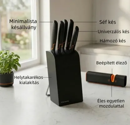 Limitált kiadás: FISKARS® 5 darabos késkészlet blokkal – FISKARS EDGE, éles konyhakés + élező