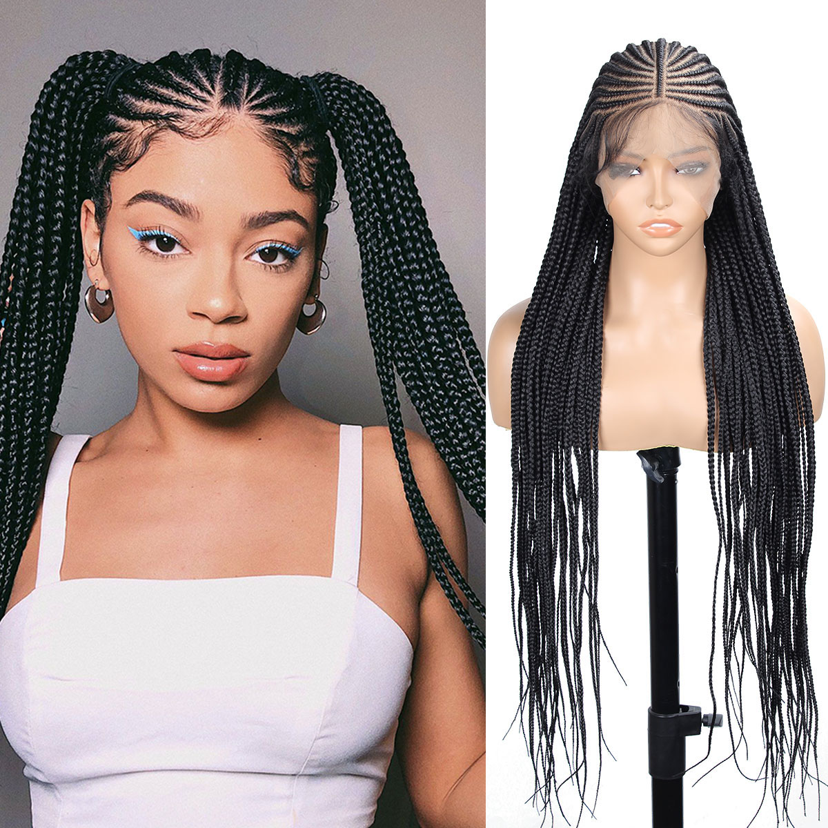 Vecago 36 Inch Cornrow Braided Wigs for Black Women, Knotless 13x8 Box Braid Lace Front Wigs with Baby Hair Black Synthetic Corn Braid Wig