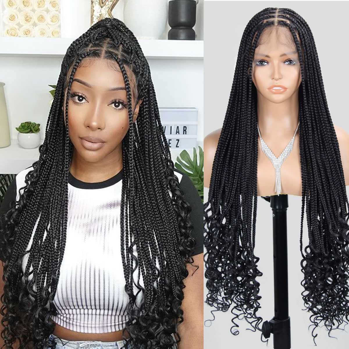 vecago Box Braided Wigs for Black Women, 36 inch 13X8 Lace Box Braid Wigs Curly Ends with Baby Hair Handmade Synthetic Hair,Black