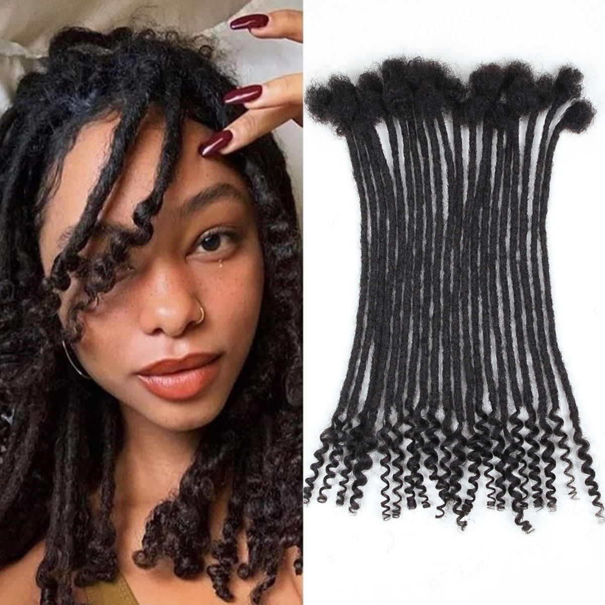 Loc Extensions Human Hair Curly Ends, 0.4cm Width Soft Human Hair Dreadlock Extensions Shoulder Curly Dreads Locs Hair(1b)