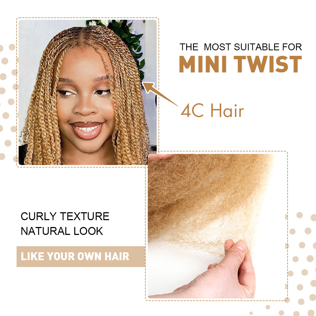 Vecago Afro Kinkys Bulk Human Hair, 4c Curly Hair for Permanent Sister Locs/Mini Twists/Braids/Repair Can Dye and Bleach, Honey Blonde