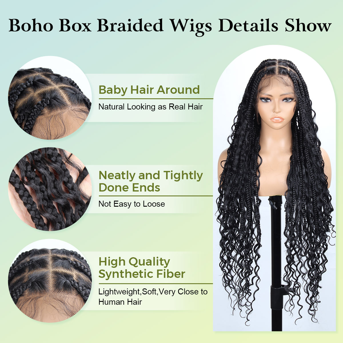 商品图片 Vecago 36 inch Single Full Lace Boho Braided Wigs for Black Women, 360 HD Lace Knotless Box Braid Wigs with Baby Hair Black Synthetic Braid Wig