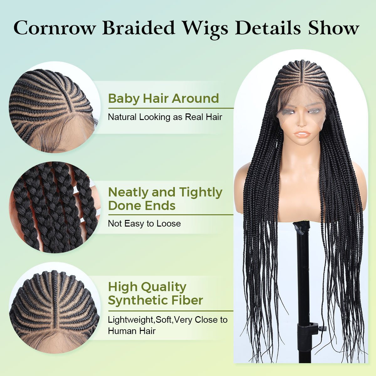 Vecago 36 Inch Cornrow Braided Wigs for Black Women, Knotless 13x8 Box Braid Lace Front Wigs with Baby Hair Black Synthetic Corn Braid Wig