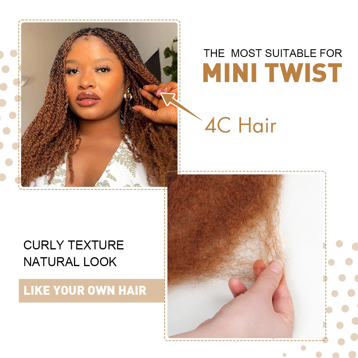 Vecago Afro Kinkys Bulk Human Hair, 4c Curly Hair for Permanent Sister Locs/ Mini Twists/Braids/Repair Can Dye and Bleach, Auburn Brown