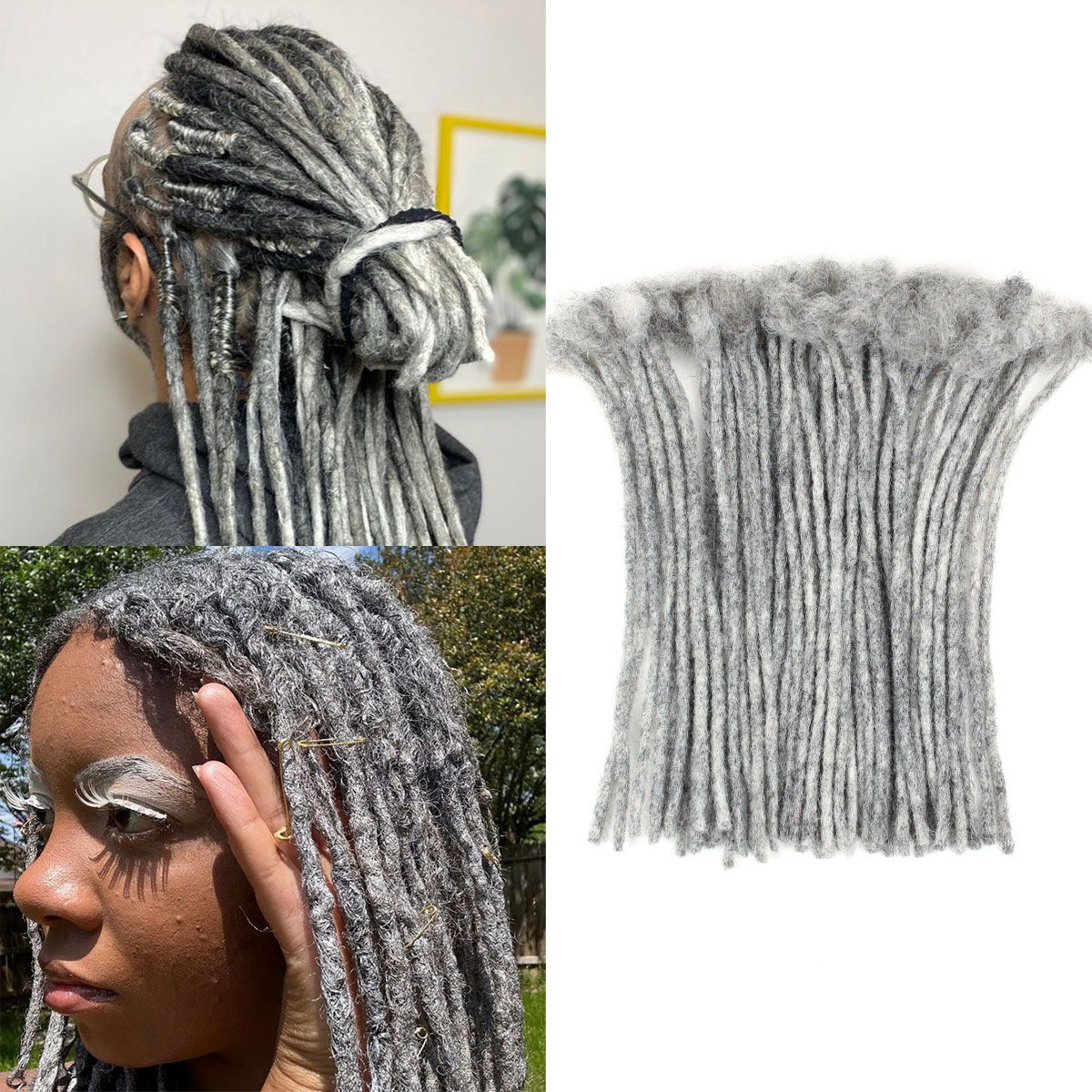 Salt and Pepper Loc Extensions Human Hair, 0.4 cm Width Human Hair Dreadlock Extensions 6-18 Inch