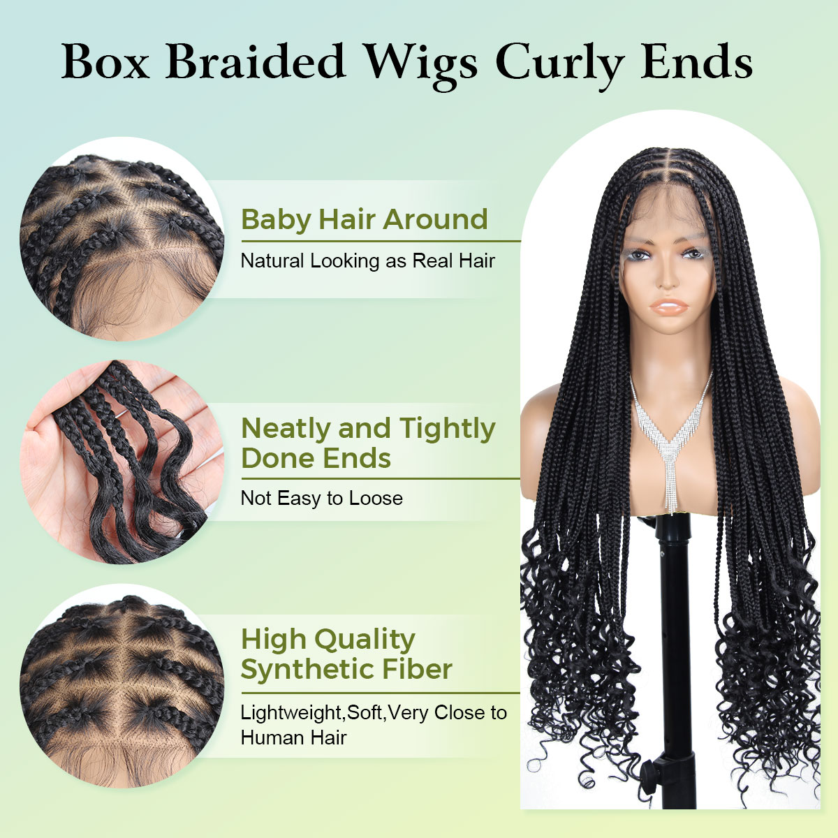 vecago Box Braided Wigs for Black Women, 36 inch 13X8 Lace Box Braid Wigs Curly Ends with Baby Hair Handmade Synthetic Hair,Black