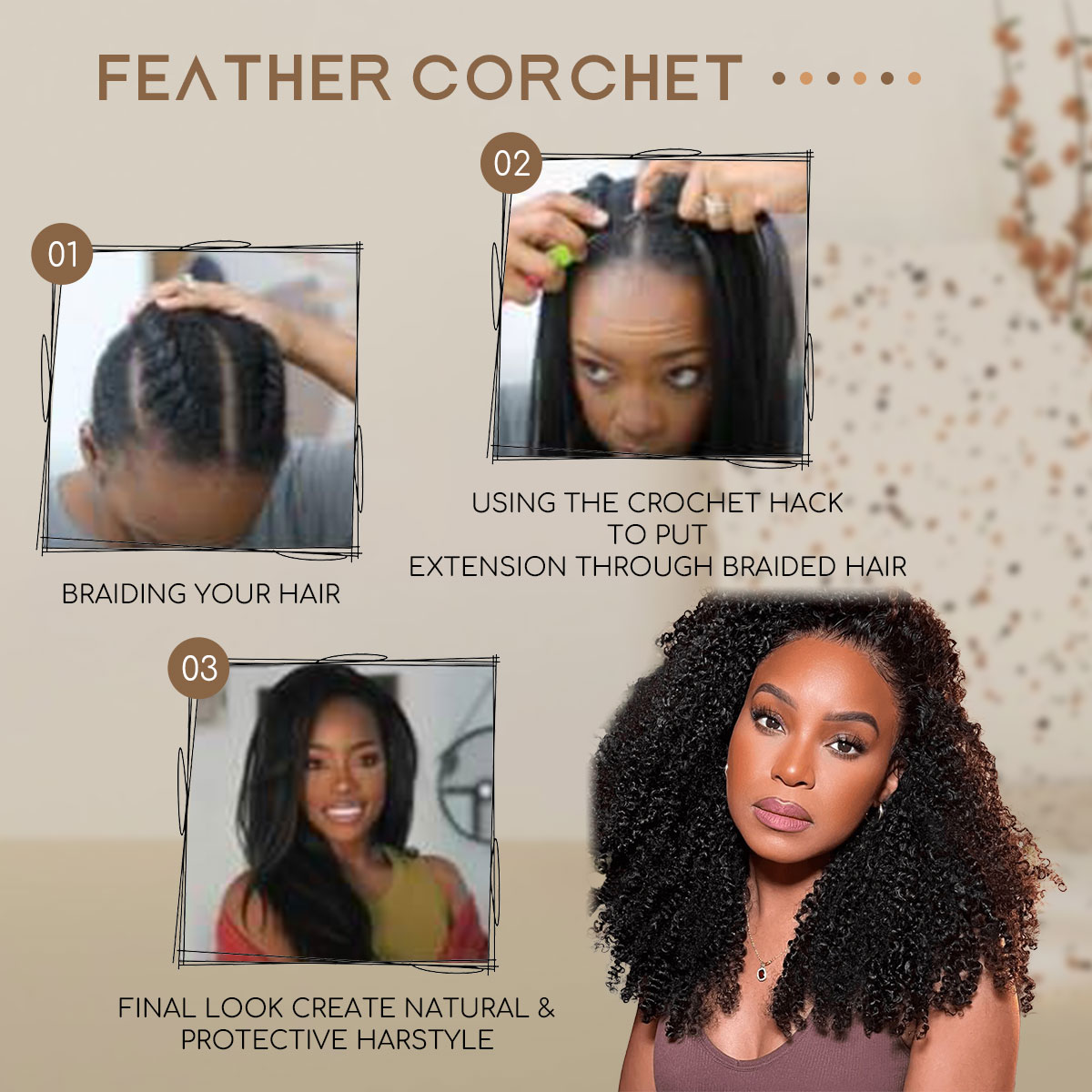 Afro Kinky Curly Knotless Pre-Separated Crochet Hair Extensions Kinky Curly Feather Hair Extensions Afro Kinky Curly Feather Line Hair 100% Human Hair