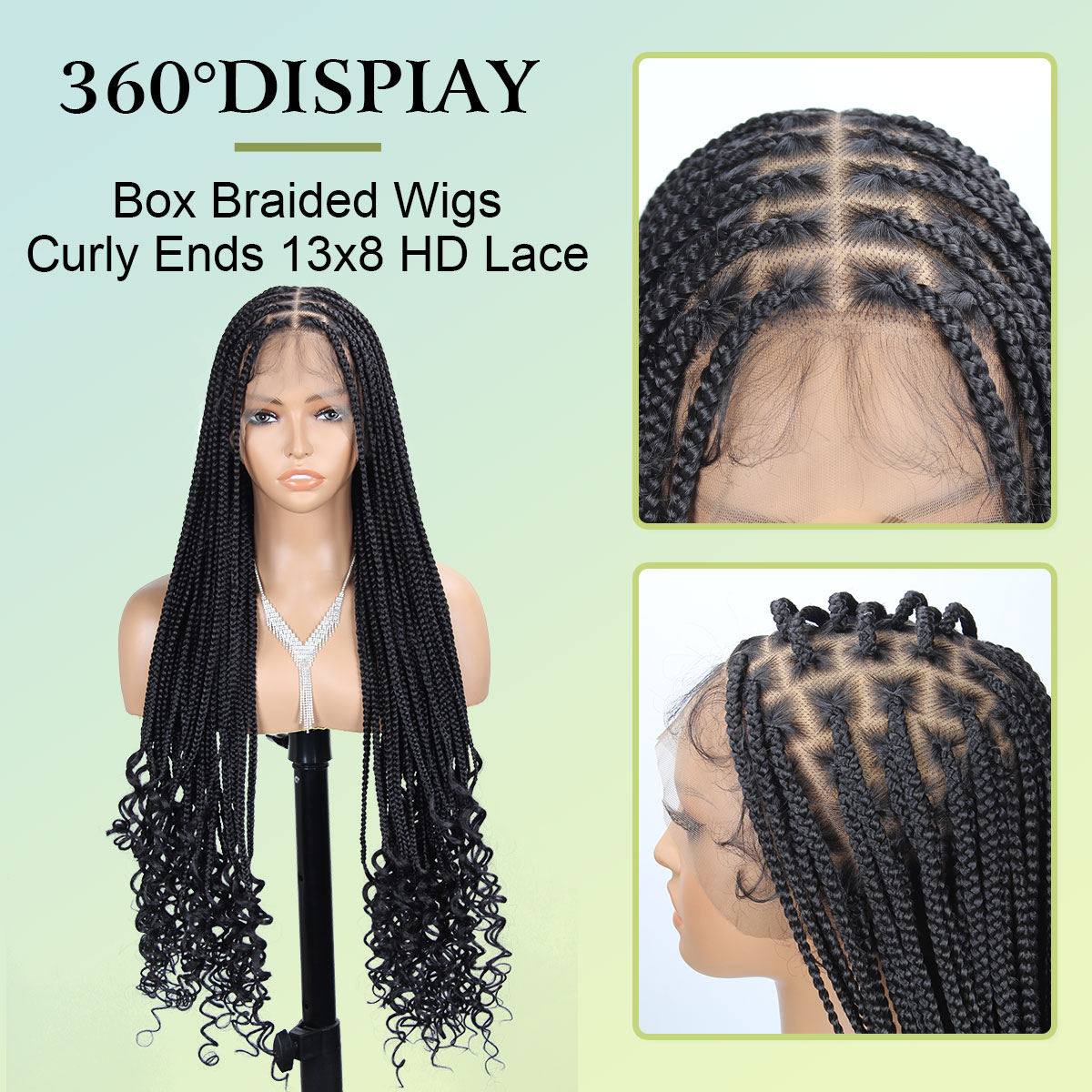 vecago Box Braided Wigs for Black Women, 36 inch 13X8 Lace Box Braid Wigs Curly Ends with Baby Hair Handmade Synthetic Hair,Black
