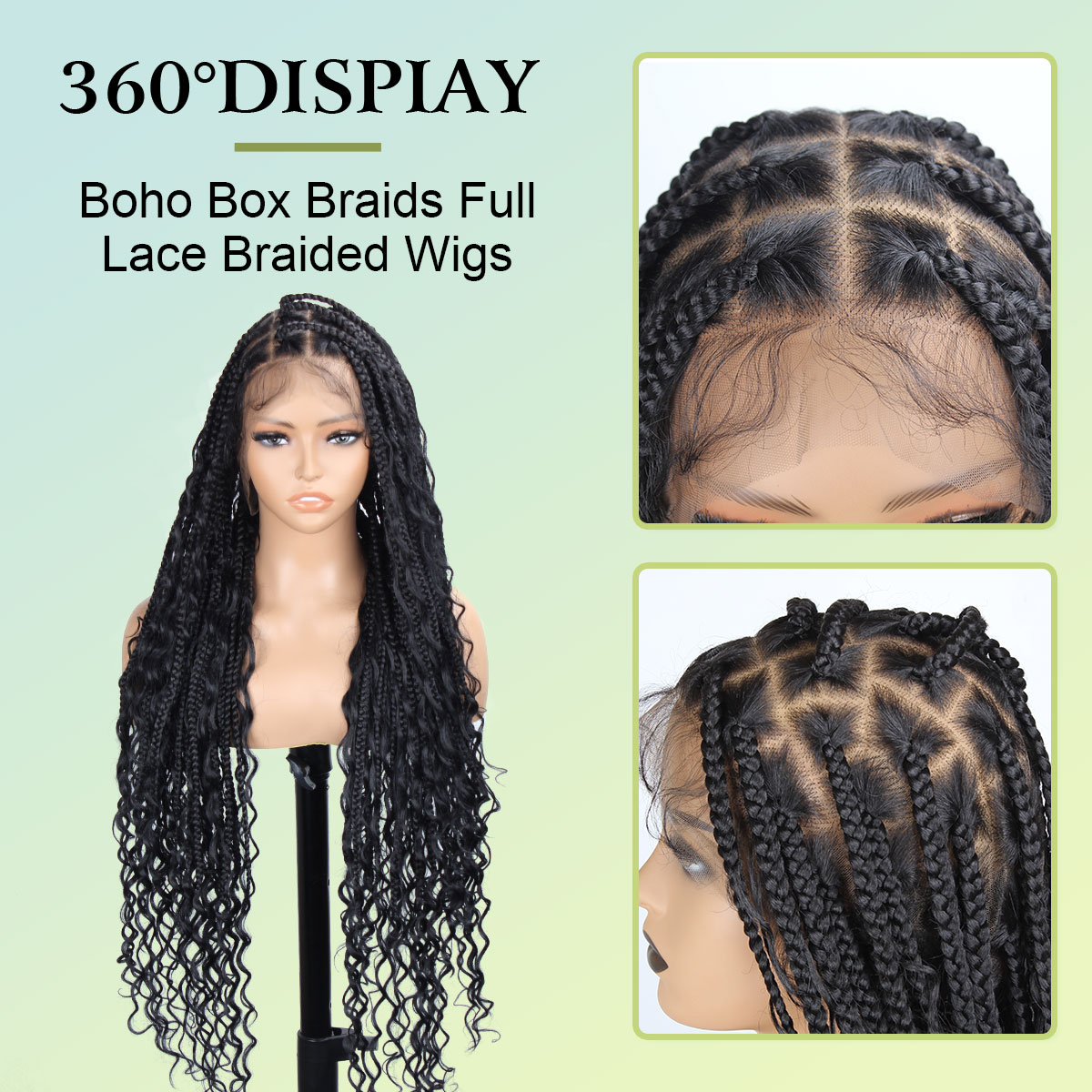 商品图片 Vecago 36 inch Single Full Lace Boho Braided Wigs for Black Women, 360 HD Lace Knotless Box Braid Wigs with Baby Hair Black Synthetic Braid Wig