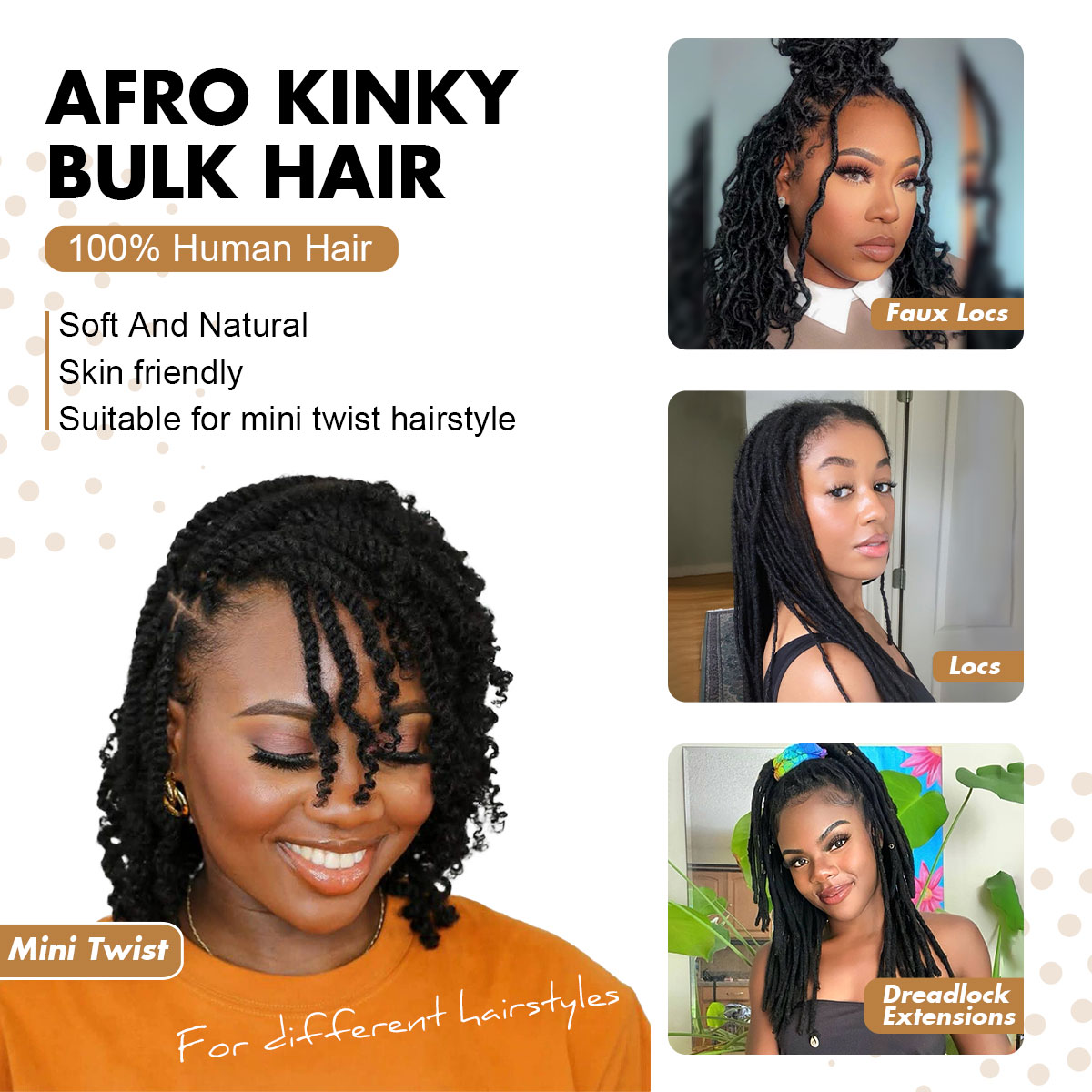 Vecago Afro Kinkys Bulk Human Hair, 4c Curly Hair for Permanent Sister Locs/ Mini Twists/Braids/Repair Can Dye and Bleach, Medium Brown