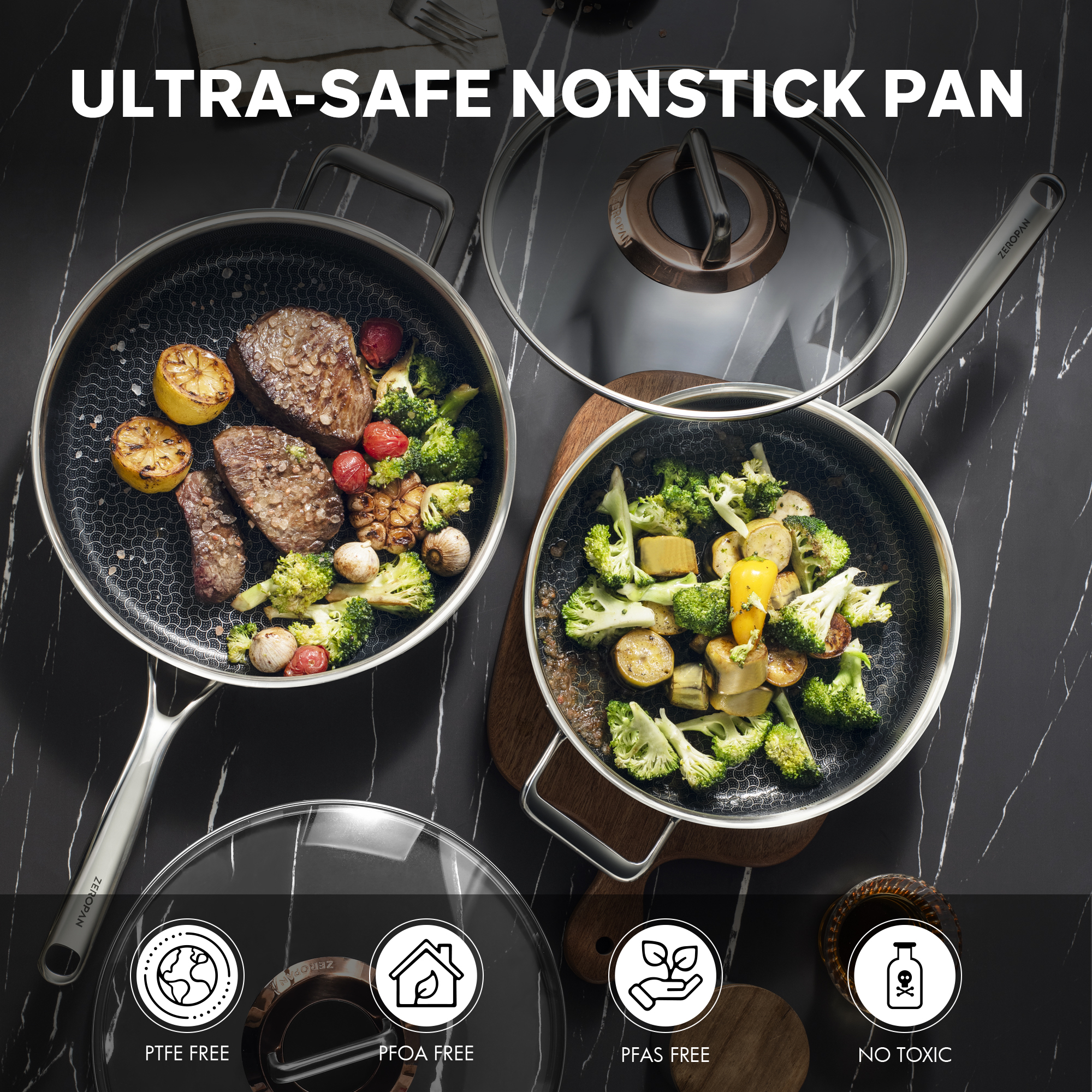  ZEROPAN Hybrid Nonstick Deep Sauté Pan, Non-Toxic Non-Stick Professional Cookware, Frying Pans Nonstick with Lid, Stay-Cool Handle, Deep Frying Pan Dishwasher-Friendly, Oven-Safe Up to 500°F, Compatible with All Cooktops,  PFAS PFOA PTFE Free