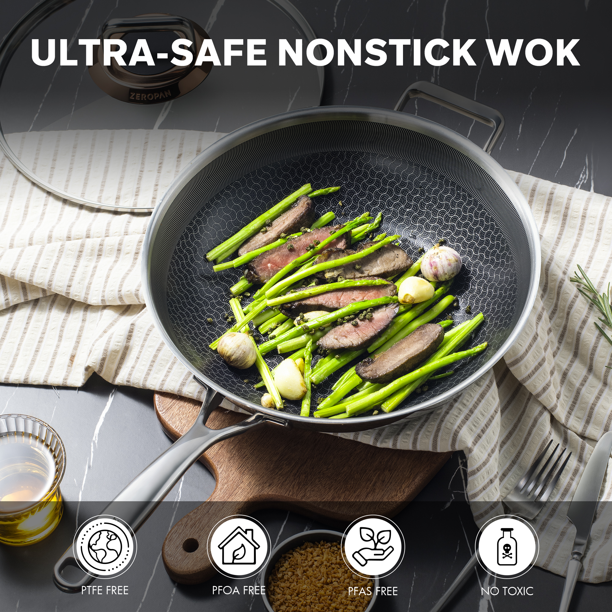  ZEROPAN Hybrid 12-Inch Tri-Ply Stainless Steel Wok with Lid, Non-Toxic Non-Stick Professional Cookware, Nonstick Stainless Steel Woks & Stir-fry pans, Wok Pan, Dishwasher-Fri endly, Oven-Safe, Compatible with All Cooktops, PFAS PFOA PTFE Free