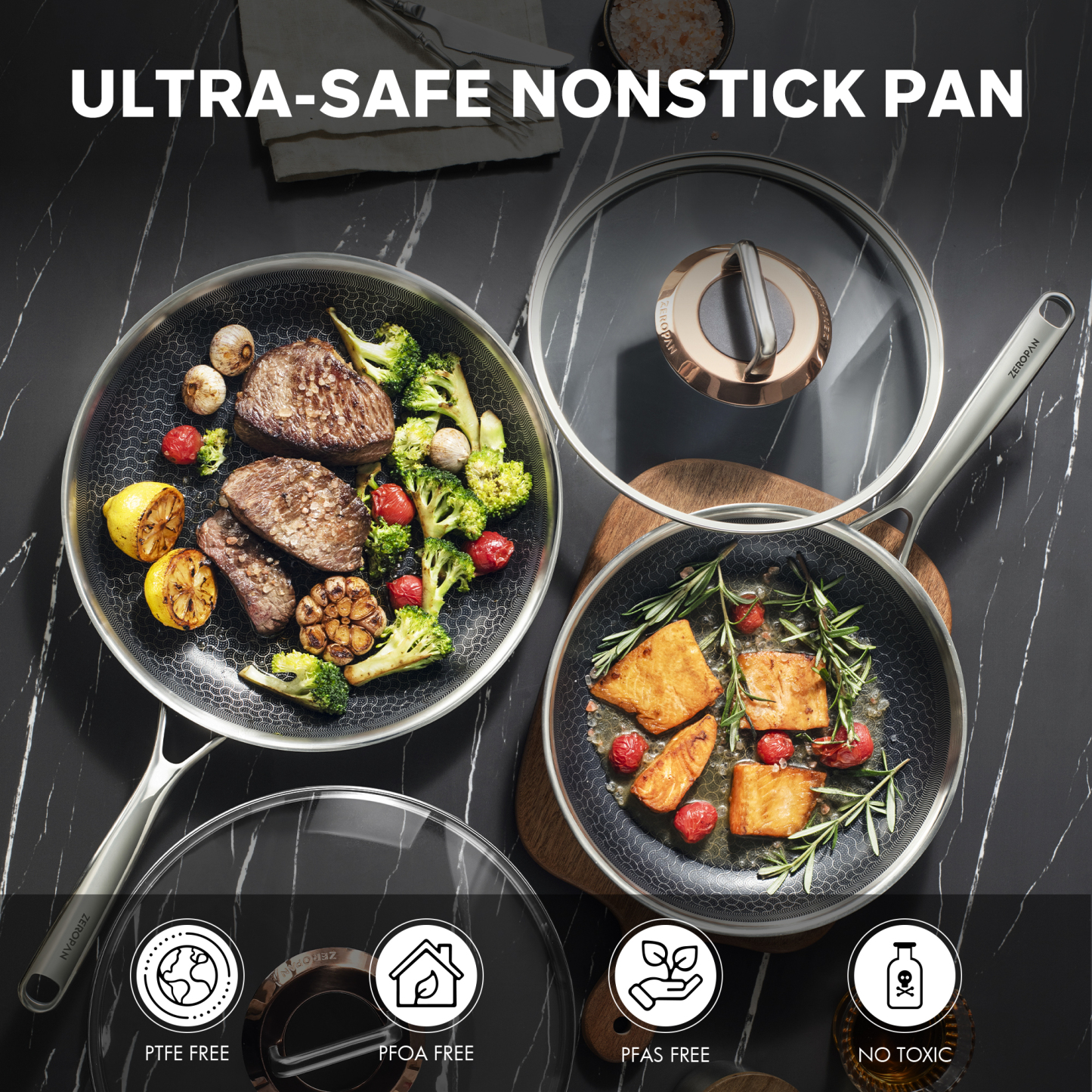 ZEROPAN Non-Toxic Non-Stick Professional Cookware, Hybrid Non-Stick Frying Pan with Lid, Non-Stick Frying Pan, Removable Handle, Dishwasher Safe, Oven Safe up to 500°F, Induction Cooktop Safe, Compatible with All Stovetops