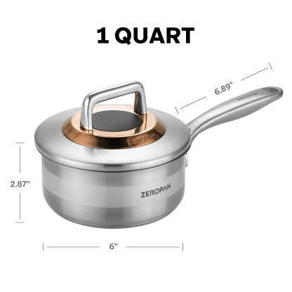 ZEROPAN 1 Quart Stainless Steel Saucepan with Glass Lid, 6 Inch Hybrid Nonstick Sauce Pan,Small Cooking Pots,  Non-Toxic Non-Stick Professional Cookware, Stay-Cool Handle, Dishwasher-Friendly, Oven-Safe Up to 500°F, Small Cooking Pots Compatible with All 
