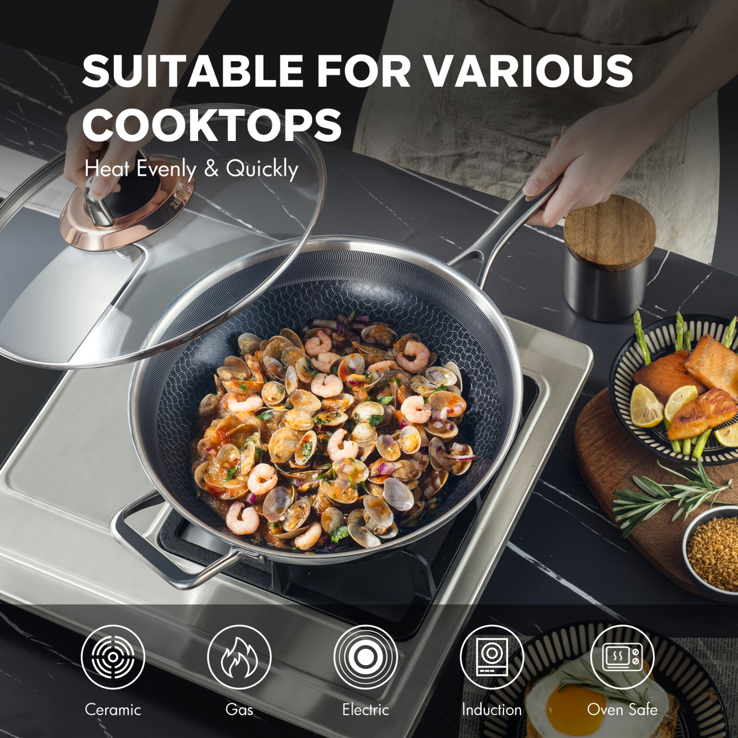  ZEROPAN Hybrid 12-Inch Tri-Ply Stainless Steel Wok with Lid, Non-Toxic Non-Stick Professional Cookware, Nonstick Stainless Steel Woks & Stir-fry pans, Wok Pan, Dishwasher-Fri endly, Oven-Safe, Compatible with All Cooktops, PFAS PFOA PTFE Free