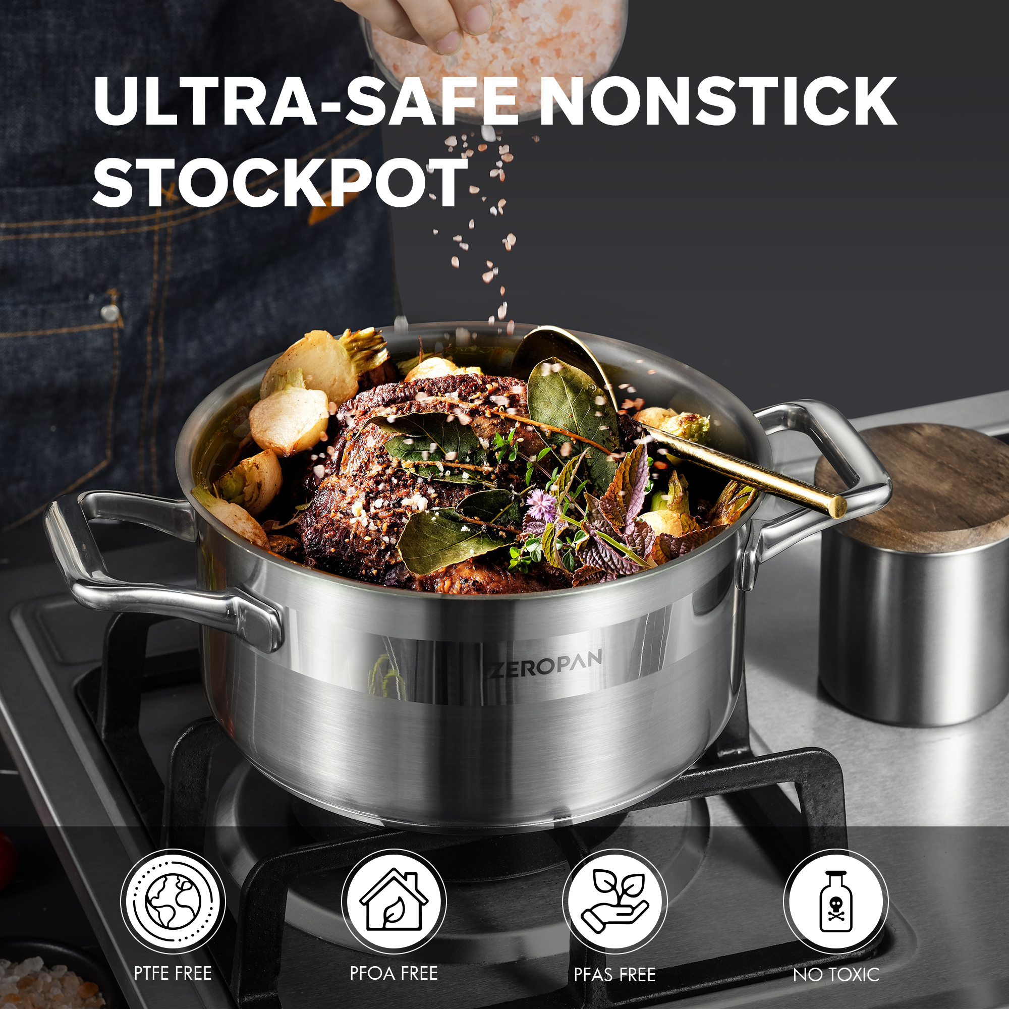 ZEROPAN Hybrid Nonstick Stockpot, Non-Toxic Non-Stick Professional Cookware, Stainless Steel Stockpot with Glass Lid, Non-stick Soup Pot, Dishwasher-Friendly, Oven-Safe Up to 500°F, Compatible with All Cooktops, Stay-Cool Handle