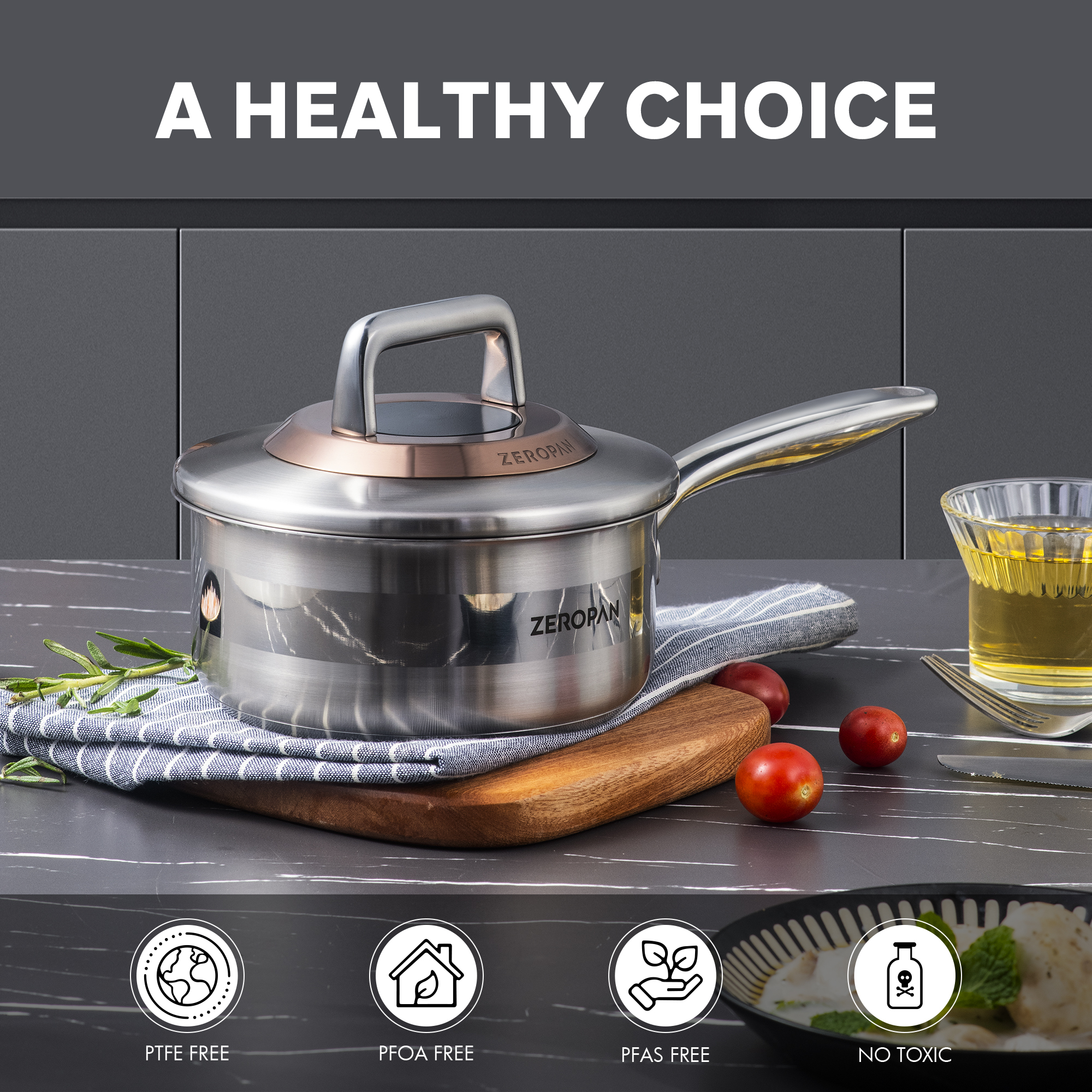 ZEROPAN 1 Quart Stainless Steel Saucepan with Glass Lid, 6 Inch Hybrid Nonstick Sauce Pan,Small Cooking Pots,  Non-Toxic Non-Stick Professional Cookware, Stay-Cool Handle, Dishwasher-Friendly, Oven-Safe Up to 500°F, Small Cooking Pots Compatible with All 