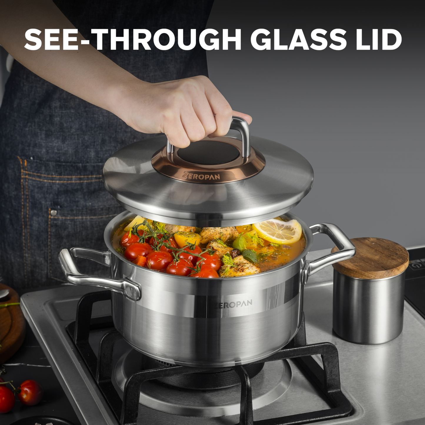 ZEROPAN Hybrid Nonstick Stockpot, Non-Toxic Non-Stick Professional Cookware, Stainless Steel Stockpot with Glass Lid, Non-stick Soup Pot, Dishwasher-Friendly, Oven-Safe Up to 500°F, Compatible with All Cooktops, Stay-Cool Handle