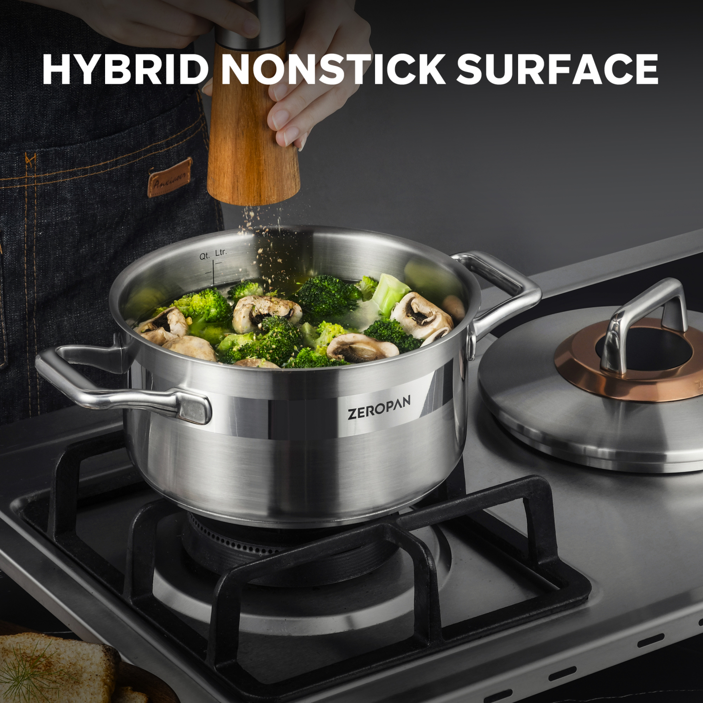ZEROPAN Hybrid Nonstick Stockpot, Non-Toxic Non-Stick Professional Cookware, Stainless Steel Stockpot with Glass Lid, Non-stick Soup Pot, Dishwasher-Friendly, Oven-Safe Up to 500°F, Compatible with All Cooktops, Stay-Cool Handle