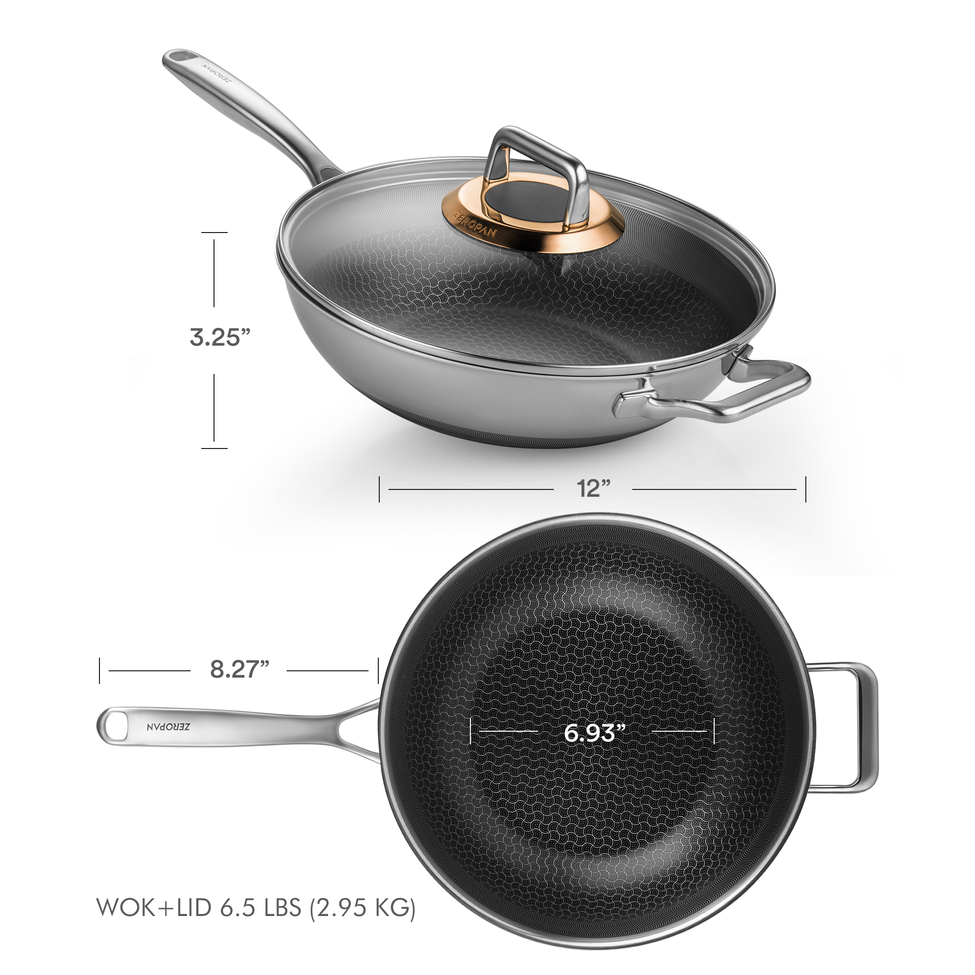  ZEROPAN Hybrid 12-Inch Tri-Ply Stainless Steel Wok with Lid, Non-Toxic Non-Stick Professional Cookware, Nonstick Stainless Steel Woks & Stir-fry pans, Wok Pan, Dishwasher-Fri endly, Oven-Safe, Compatible with All Cooktops, PFAS PFOA PTFE Free