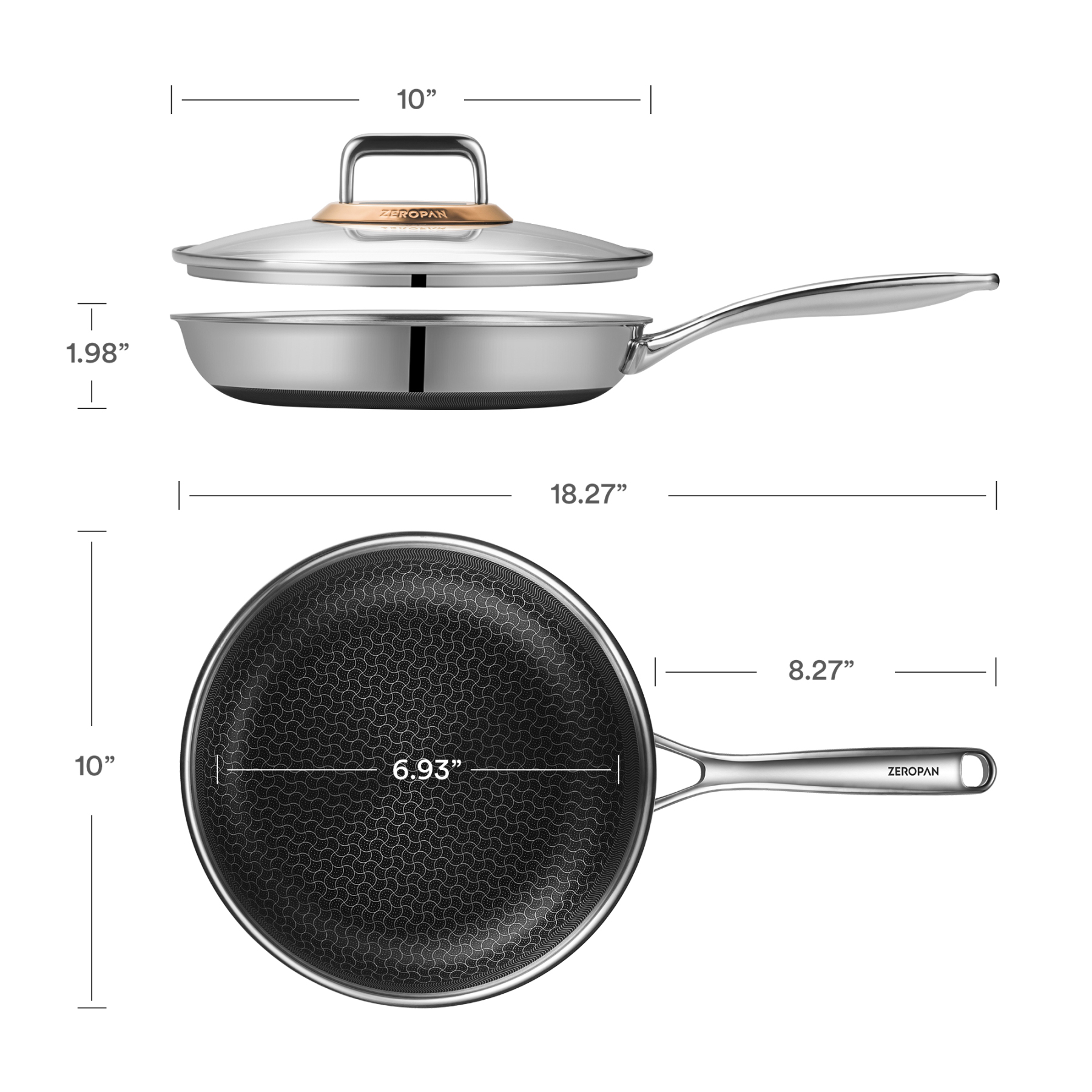  ZEROPAN Non-Toxic Non-Stick Professional Cookware, Hybrid Non-Stick Frying Pan with Lid, Non-Stick Frying Pan, Removable Handle, Dishwasher Safe, Oven Safe up to 500°F, Induction Cooktop Safe, Compatible with All Stovetops