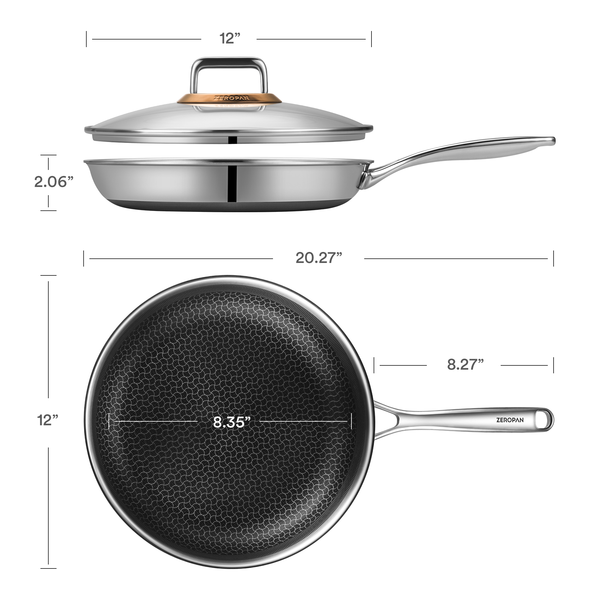  ZEROPAN Non-Toxic Non-Stick Professional Cookware, Hybrid Non-Stick Frying Pan with Lid, Non-Stick Frying Pan, Removable Handle, Dishwasher Safe, Oven Safe up to 500°F, Induction Cooktop Safe, Compatible with All Stovetops