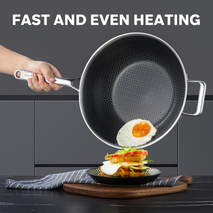  ZEROPAN Hybrid 12-Inch Tri-Ply Stainless Steel Wok with Lid, Non-Toxic Non-Stick Professional Cookware, Nonstick Stainless Steel Woks & Stir-fry pans, Wok Pan, Dishwasher-Fri endly, Oven-Safe, Compatible with All Cooktops, PFAS PFOA PTFE Free